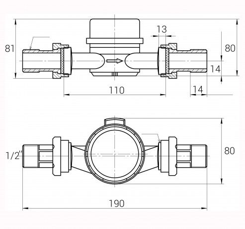 Счетчик воды (водомер) 1/2"  DN15 ( DN15 1/2″ E-D R160)  для холодной воды cо штуцерами, ECOSTAR - интернет-магазин сантехники Сандеталь